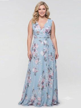KLEINFELD gown dress chiffon floral blue - 16 PLUS (see measurements)